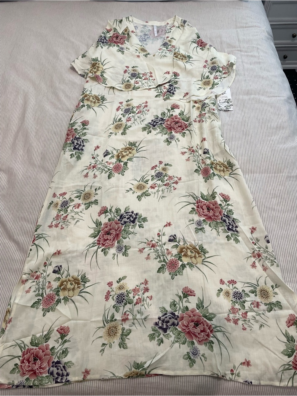 Lovlei Floral V-Neck Maxi Dress in Cream with Pink & Green Bloom